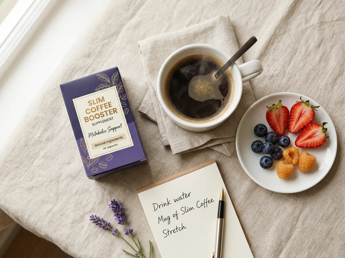 Morning wellness routine with plant-based supplement coffee blend